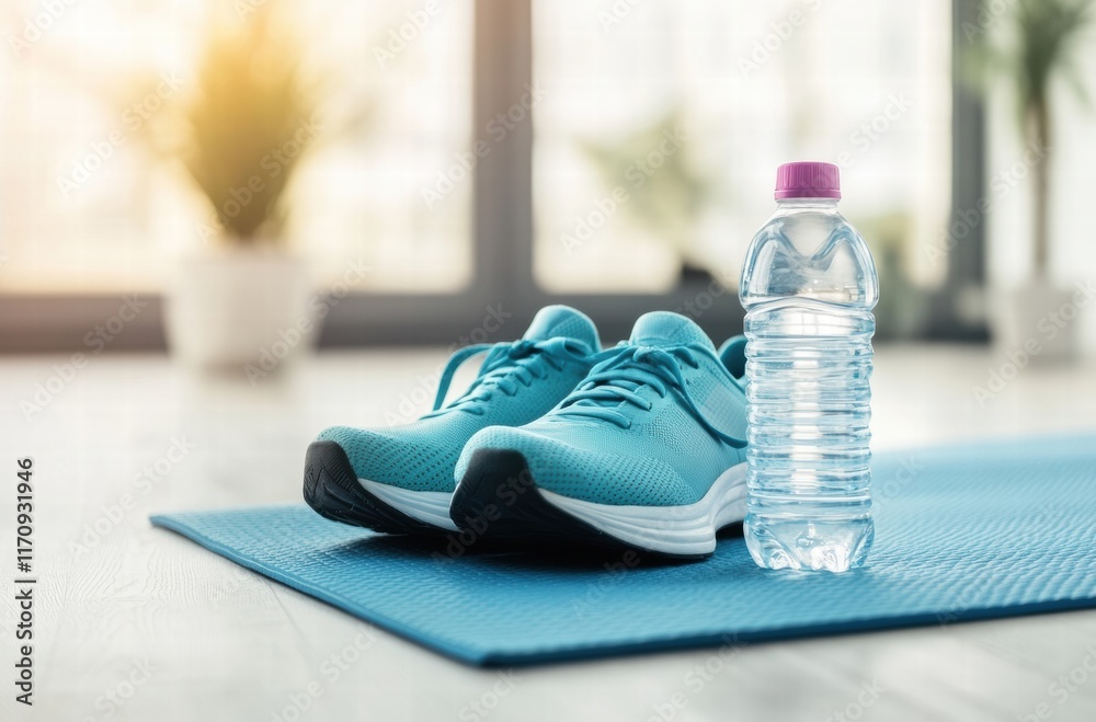 A pair of blue running shoes and a bottle of water are on a blue mat A pair of blue running shoes and a bottle of water are on a blue mat