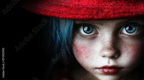 A close up of a girl with blue hair and a red hat