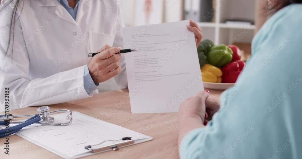 Close up of doctor nutritionist woman giving consultation to her overweight fat patient sitting at the desk in medical clinic in office with showing diet plan for weight loss. 4k video.