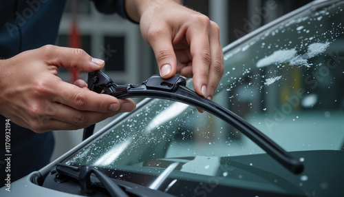 Mechanic replacing windshield wipers in garage during winter, vehicle maintenance