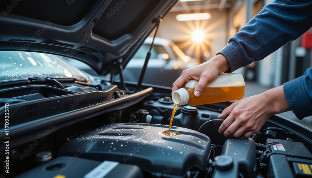 Mechanic pouring anti-freeze into car engine in garage, winter preparation Mechanic pouring anti-freeze into car engine in garage, winter preparation