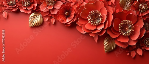 Intricate red and gold floral paper designs, traditional Chinese decoration, rich lunar new year 2025 theme, festive ambiance, hyperrealistic, cinematic tones photo