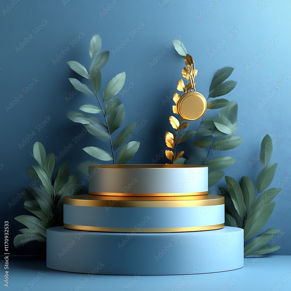Elegant Blue Gold Cylindrical Display With Leaves