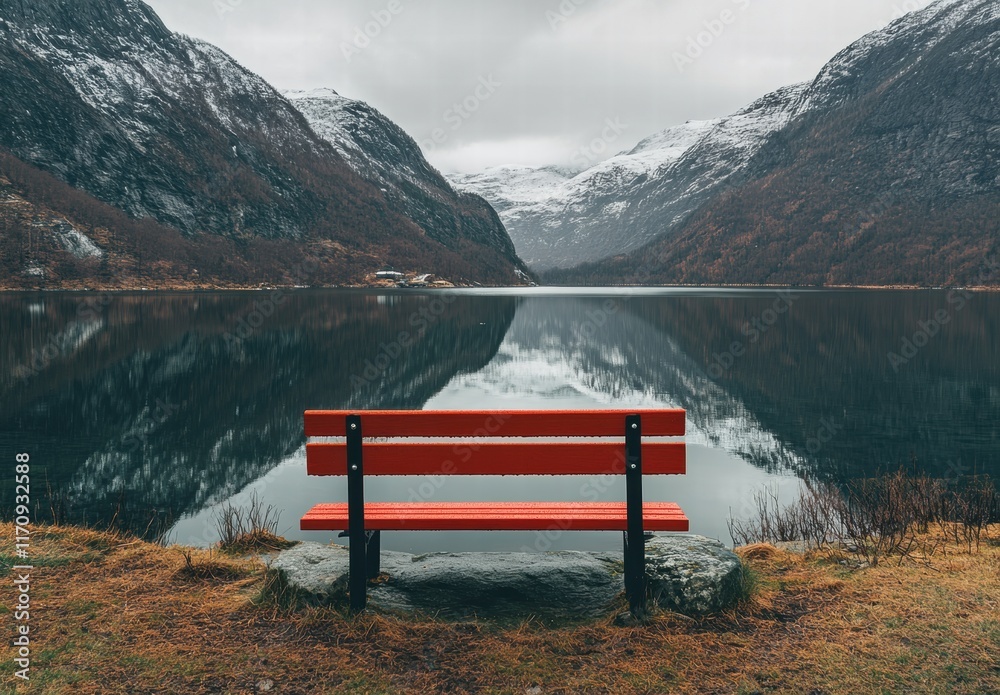 A red bench sits on a grassy hill overlooking a lake