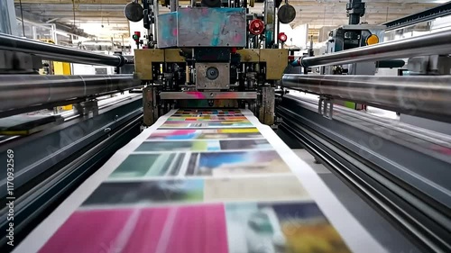 High-speed printing press printing colorful brochures. Close-up view of the process.