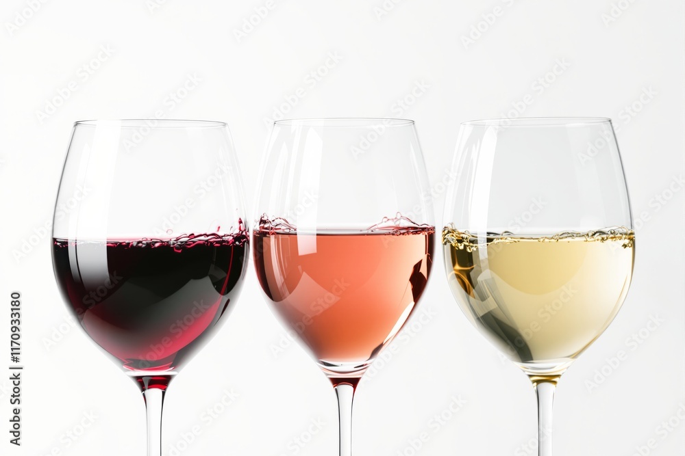 Three wine glasses filled with red, rosé, and white wine, placed side by side on a white background. Concept of wine tasting or beverage variety. Ai generative