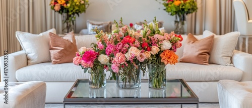 Vibrant pink and orange flower arrangements in glass vases on a coffee table in a luxurious living room.