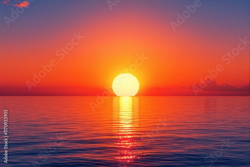Sunset over serene ocean, bright sun reflecting on water, vibrant orange and red sky, peaceful atmosphere, nature concept. Ai generative