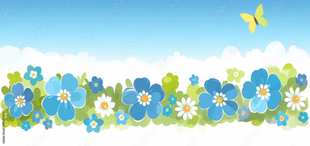 Spring, with its abstract charm, is depicted through a scene of vibrant flowers and graceful butterflies Spring, with its abstract charm, is depicted through a scene of vibrant flowers and graceful butterflies
