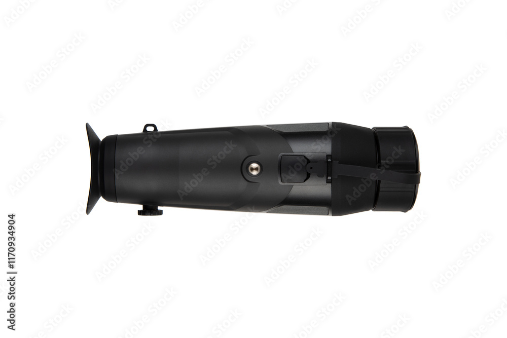 Thermal imaging monocular with lens cap, black body, multiple control buttons, and ergonomic design, ideal for night vision and outdoor activities. Isolate on white back Thermal imaging monocular with lens cap, black body, multiple control buttons, and ergonomic design, ideal for night vision and outdoor activities. Isolate on white back
