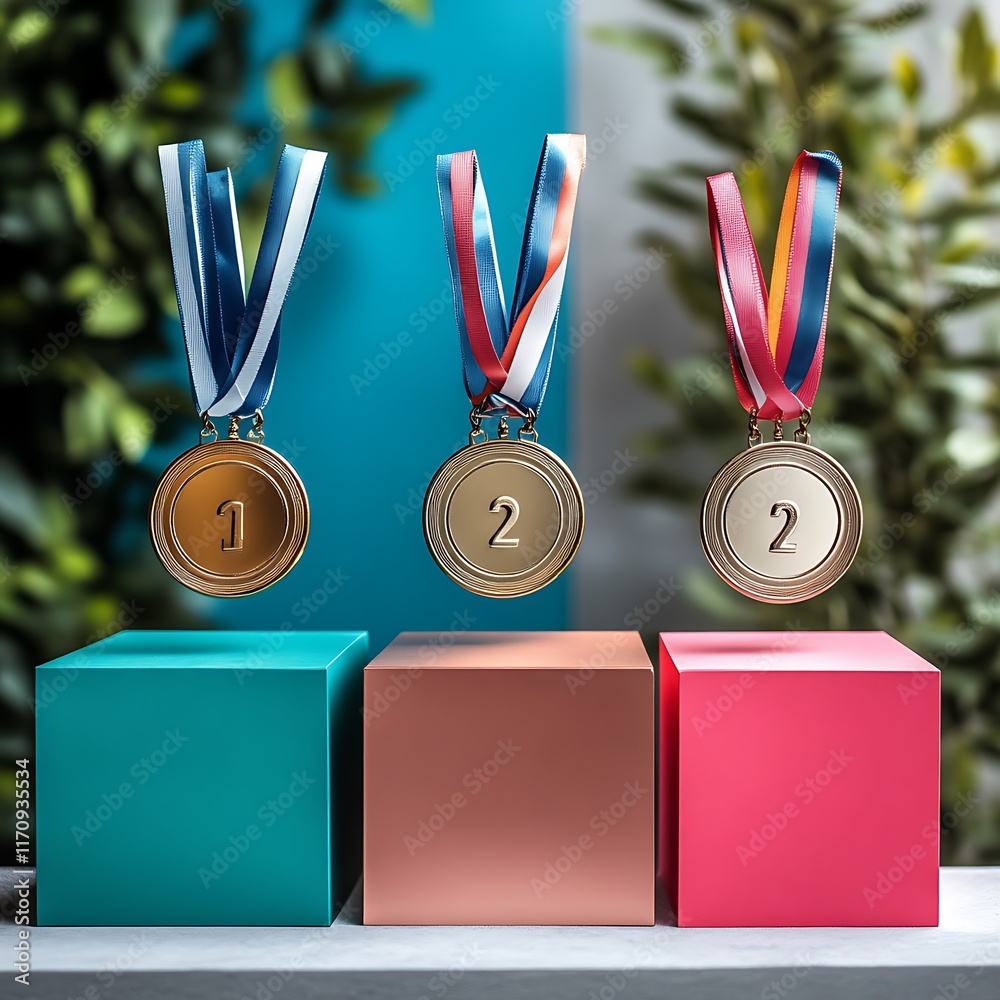 Gold Medals on Colorful Cubes Displaying Ranks