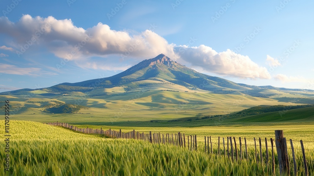 Fototapeta premium A field of green grass with a mountain in the background