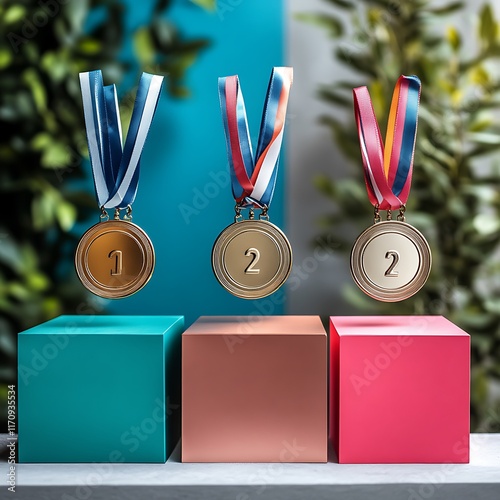 Obraz na płótnie Gold Medals on Colorful Cubes Displaying Ranks w salonie