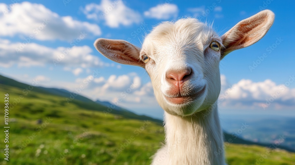 Obraz premium A white goat standing on top of a lush green hillside