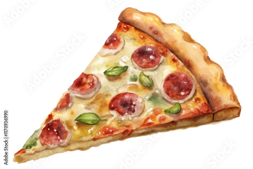 Watercolor pizza slice, pepperoni toppings, fresh basil leaves, vibrant colors, food illustration, culinary art.