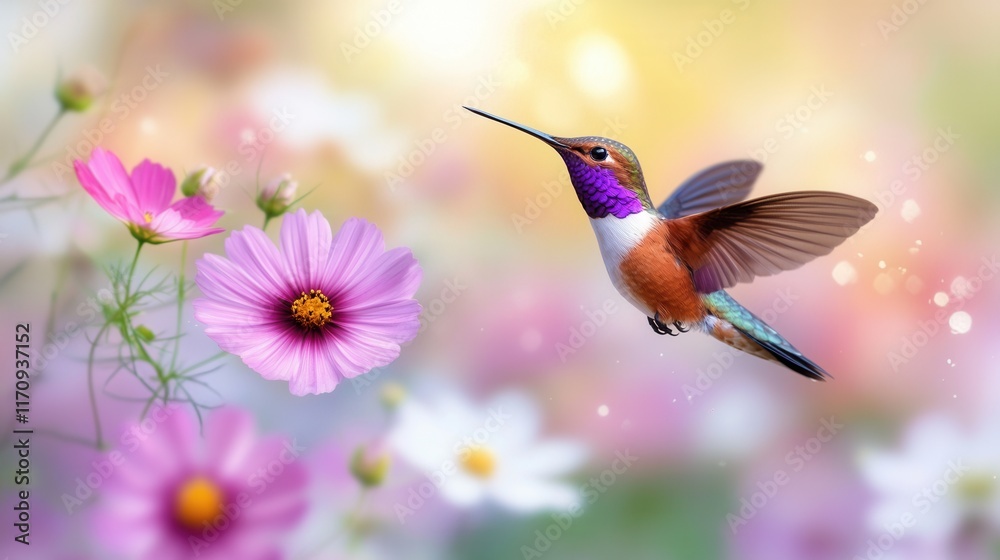 Fototapeta premium A hummingbird flying through a field of flowers