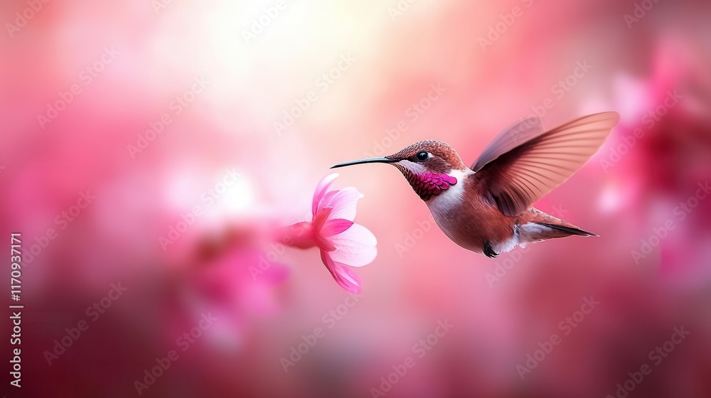 Fototapeta premium A hummingbird flying through the air with a pink flower in its beak