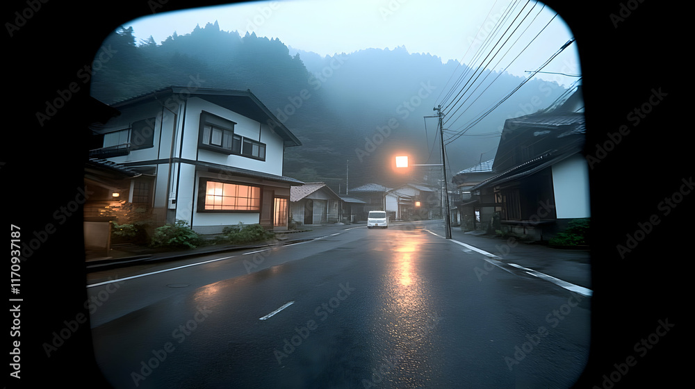 Misty Mountain Village Road Illustration