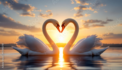 A serene image of two white swans facing each other on a calm lake at sunrise. photo