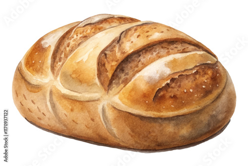Freshly baked bread, artisanal loaf, watercolor style, warm tones, rustic appearance, food illustration, bakery art.