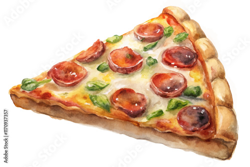 Watercolor pizza slice, pepperoni toppings, vibrant colors, delicious food illustration, culinary art, appetizing design.