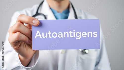 Autoantigens. Doctor in smock holds up speech bubble. The term Autoantigens is in the sign. Symbol of illness, health, medicine photo