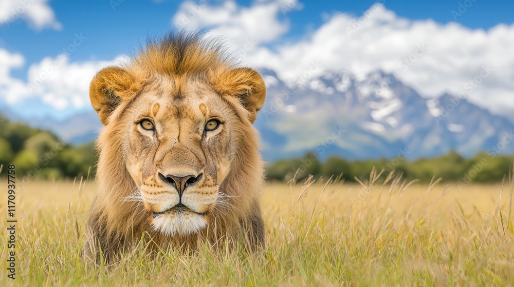 A lion laying in a grassy field with mountains in the background A lion laying in a grassy field with mountains in the background