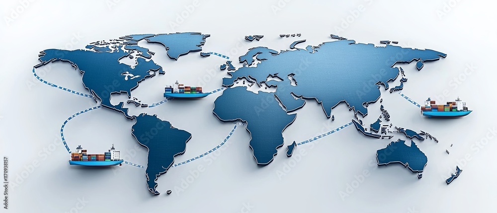 Fototapeta premium Globalization trade exchange concept, A stylized world map with ships navigating trade routes, illustrating global shipping and maritime logistics.