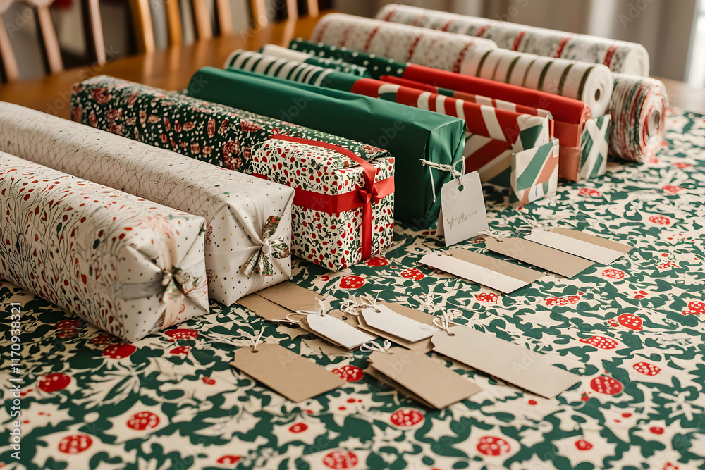 Fototapeta premium Festive holiday gift wrapping ideas home diy project cozy indoor close-up creative inspiration