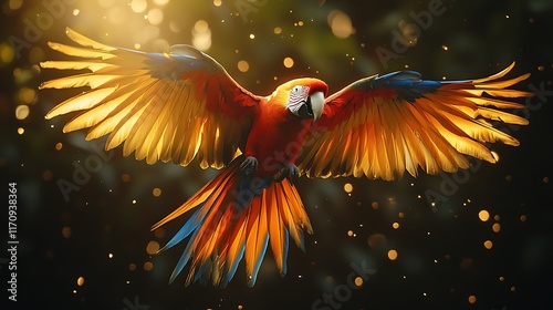 Scarlet Macaw Ara macao vibrant red yellow blue parrot midflight over lush green rainforest canopy sunlight accentuating its dazzling plumage photo