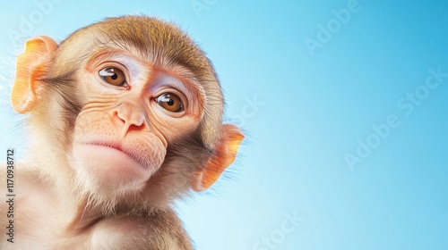 A small monkey looking up at the camera with a blue background