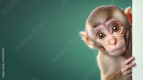 A baby monkey peeking out from behind a white board