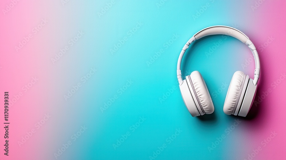 A pair of white headphones on a colorful background A pair of white headphones on a colorful background
