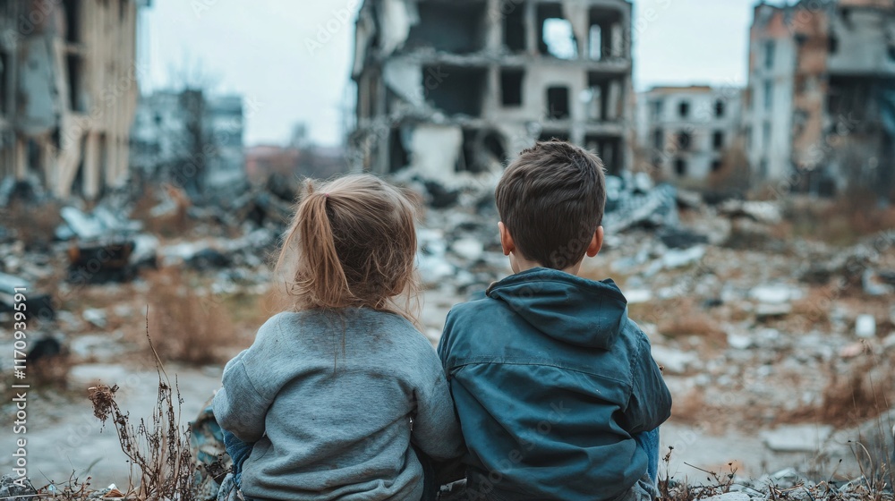 Two children sit on the ground in front of a destroyed building. Children are abandoned in the city. Two children sit on the ground in front of a destroyed building. Children are abandoned in the city.