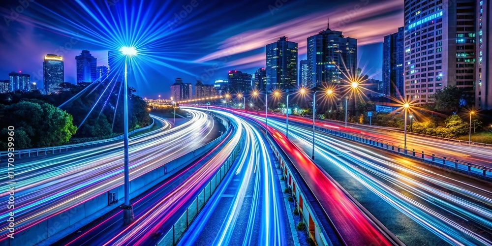 Obraz premium Long Exposure Light Trails at Night, Cityscape, Urban, Abstract, Glowing Streaks