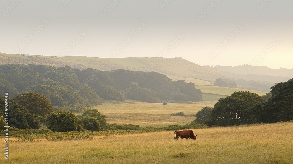 Obraz premium A serene landscape featuring a lone cow grazing in a vast, green field surrounded by hills.