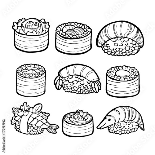Set of black line doodle Sushi on white background. Vector illustration about Food.