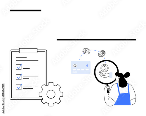 Woman uses magnifying glass over a dollar sign, with coins and credit card floating nearby. Adjacent is a task checklist with a gear icon. Ideal for finance, efficiency, task management, auditing