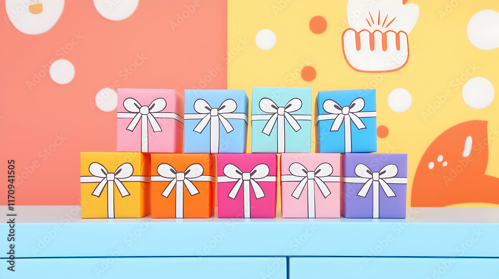 Colorful gift boxes display festive setting photo cheerful environment close-up view celebratory concept for seo impact Colorful gift boxes display festive setting photo cheerful environment close-up view celebratory concept for seo impact