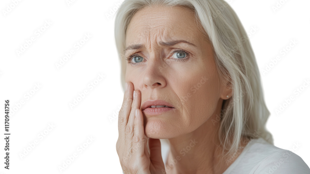 An older woman displaying concern while gently touching her face, suitable for mental health and emotional wellness topics, conveying empathy and care in social and health-related visuals.. An older woman displaying concern while gently touching her face, suitable for mental health and emotional wellness topics, conveying empathy and care in social and health-related visuals..