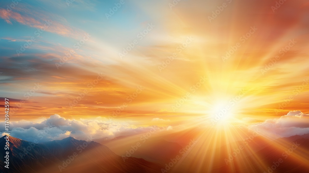 Fototapeta premium A bright sun shining through the clouds over a mountain range