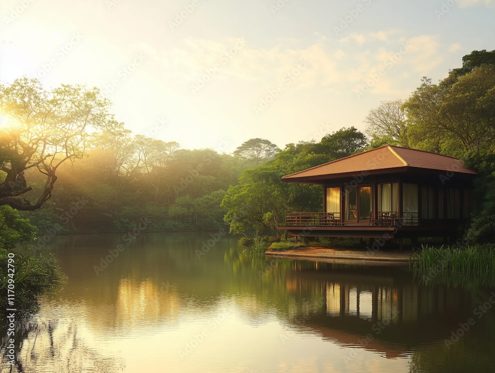 Fototapeta premium Perched on edge of a tranquil, glistening lake, eco-friendly bungalow offers a breathtaking panoramic view of surrounding lush greenery, with morning sun casting a warm, golden glow over serene water