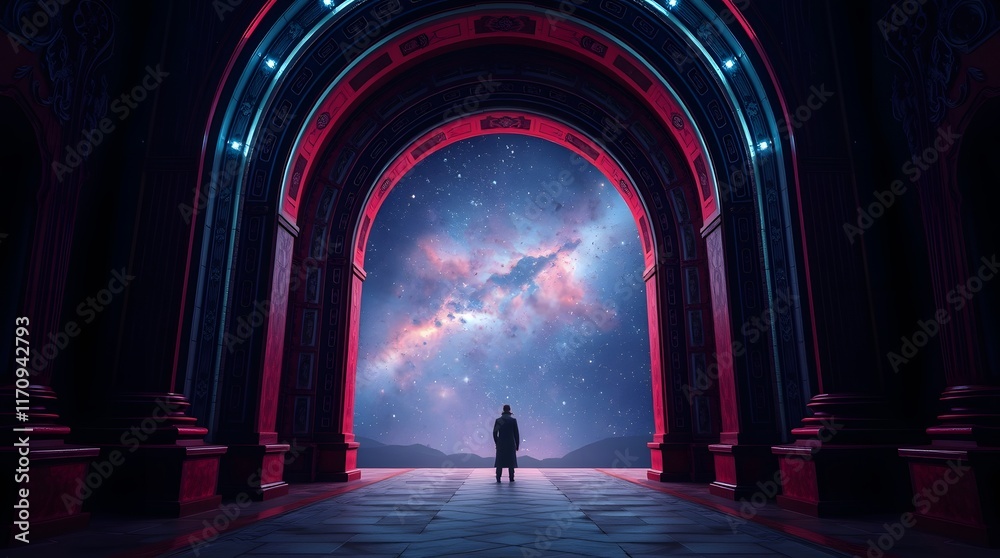 Fototapeta premium Cosmic Gateway: A Man Silhouetted Against a Starry Archway
