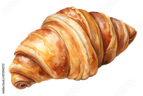 Watercolor croissant illustration, delicious pastry art, bakery food design, gourmet breakfast treat.