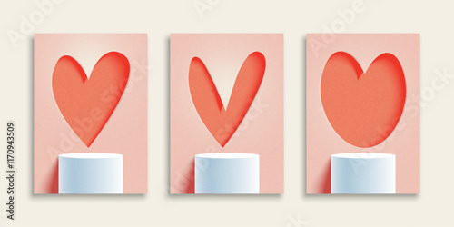 Set of Happy Valentine's Day greeting card. Trendy minimalist design with white Podium and 3D paper heart shape background. Paper art Vector Illustration. Template for poster, banner, holiday cover.