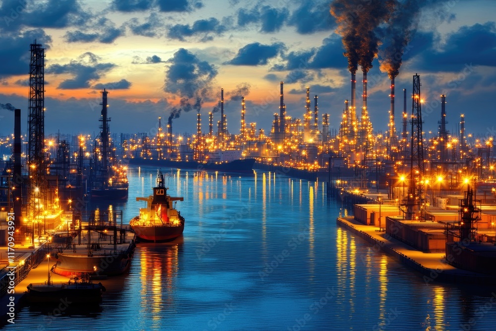 A vibrant industrial scene at dusk with illuminated factories and ships on a calm waterway. A vibrant industrial scene at dusk with illuminated factories and ships on a calm waterway.
