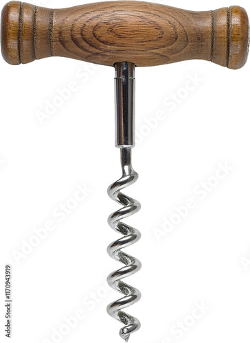wooden handle corkscrew with stainless steel spiral on isolated background for wine opening and kitchen tools
