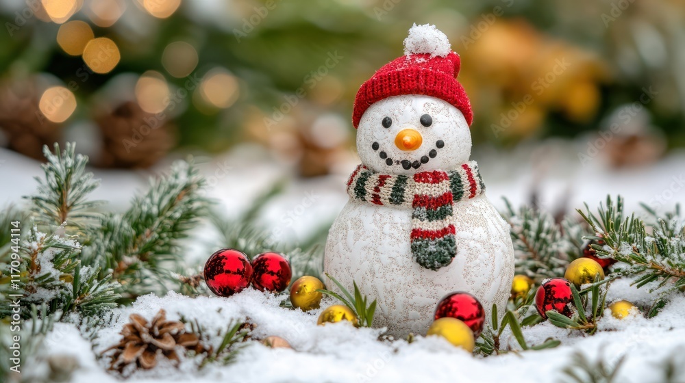 Festive snowman in snowy setting, adorned with Christmas ornaments and pine branches. Festive snowman in snowy setting, adorned with Christmas ornaments and pine branches.