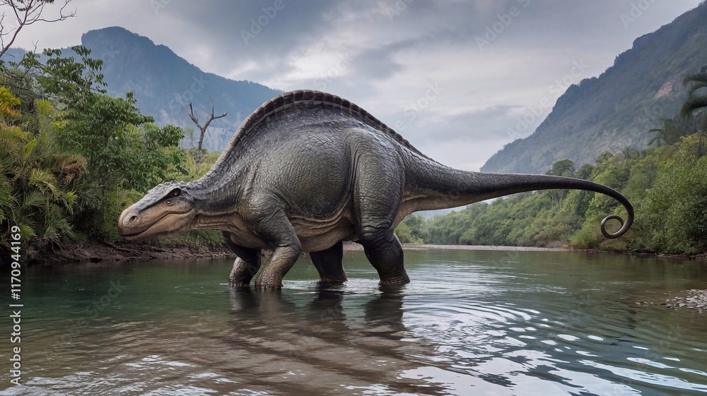 Fototapeta premium A massive dinosaur stands in a calm river, its surroundings filled with dense greenery and towering mountains in the background