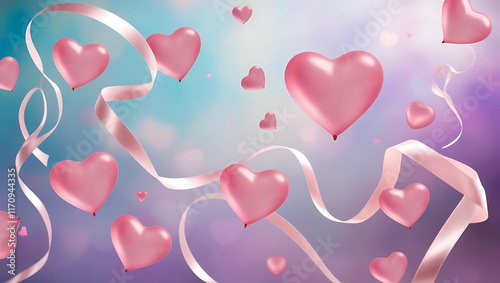 Romantic scene with floating pink hearts and ribbon conveying love and affection against a dreamy blurred backdrop in this stock photo